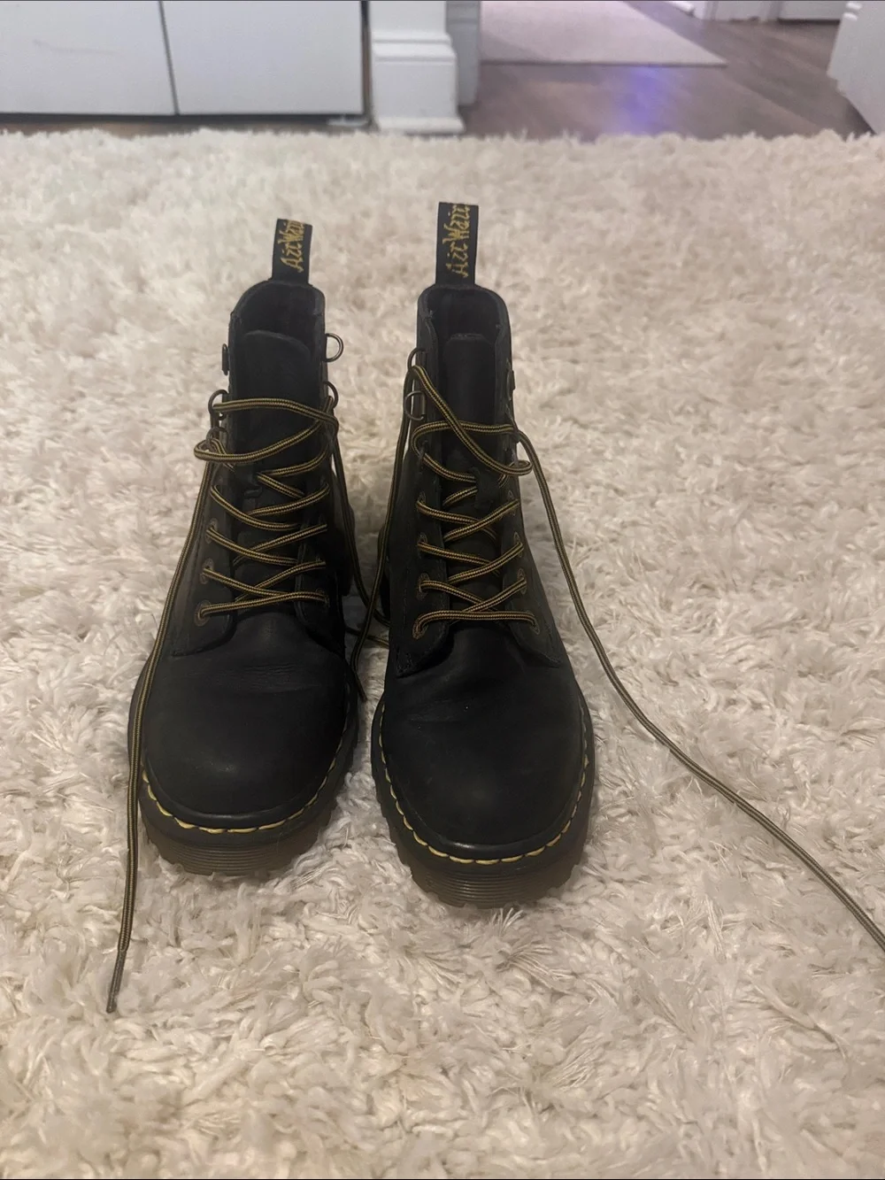Dr. Martens Black Leather Lace-Up Boots with Yellow Stitching